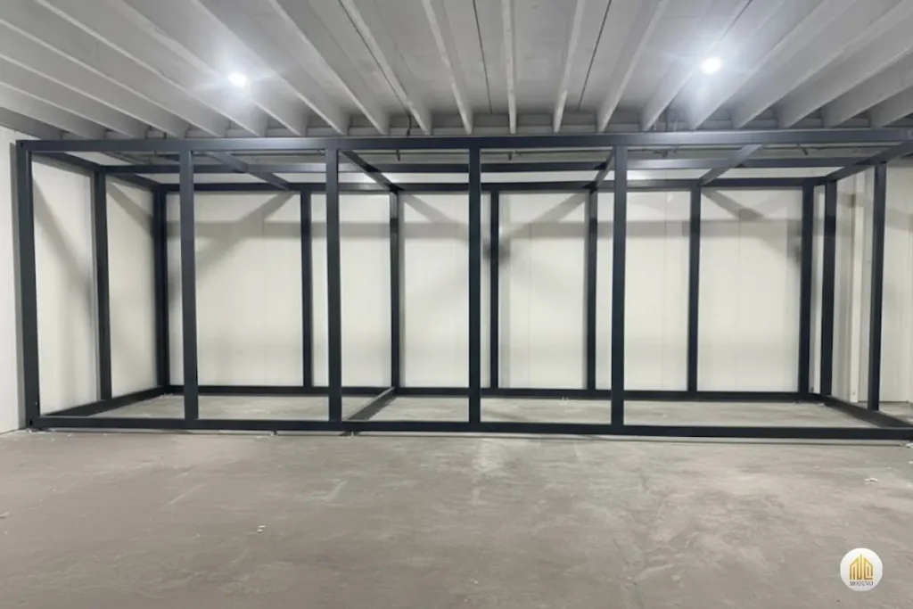 Wytrzymała stalowa rama kontenera, solidna konstrukcja nośna systemu Moduvo