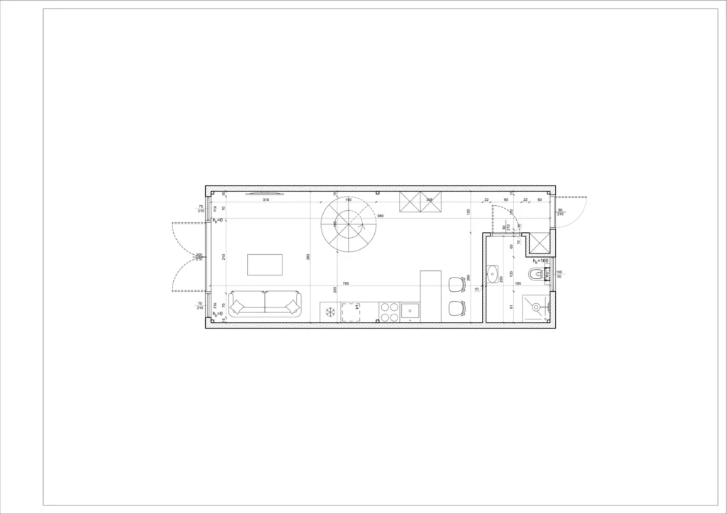 MODUVELLO 55 m² – rzut parteru: wiatrołap, kuchnia, salon i łazienka