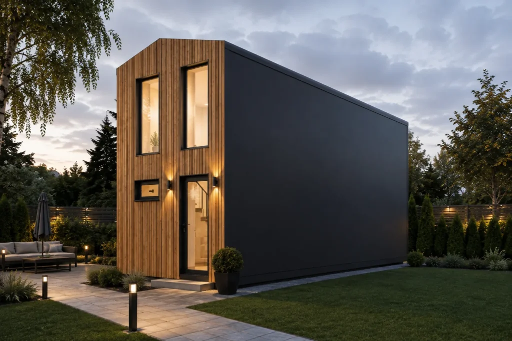 MODUVELLO – dwupoziomowy kontener mieszkalny 55 m² z antresolą, wizualizacja