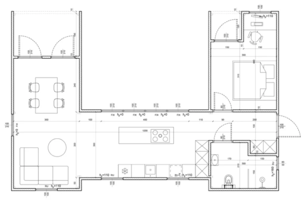 MODUVENO 57 m² – rzut: salon z kuchnią, jadalnia, sypialnia, wiatrołap i łazienka