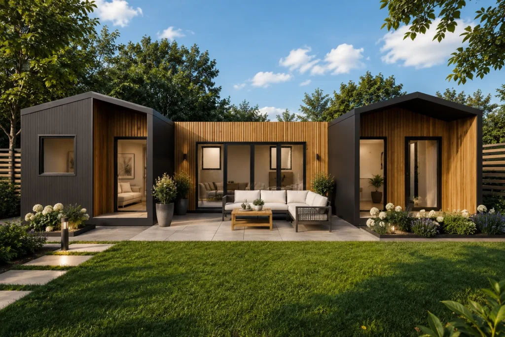 MODUVENO – kontener mieszkalny 57 m² z patio w kształcie litery U, wizualizacja