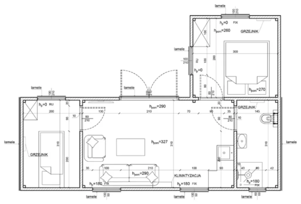 MODUVIA 36 m² – rzut kontenera mieszkalnego: salon z aneksem, sypialnia, pokój i łazienka