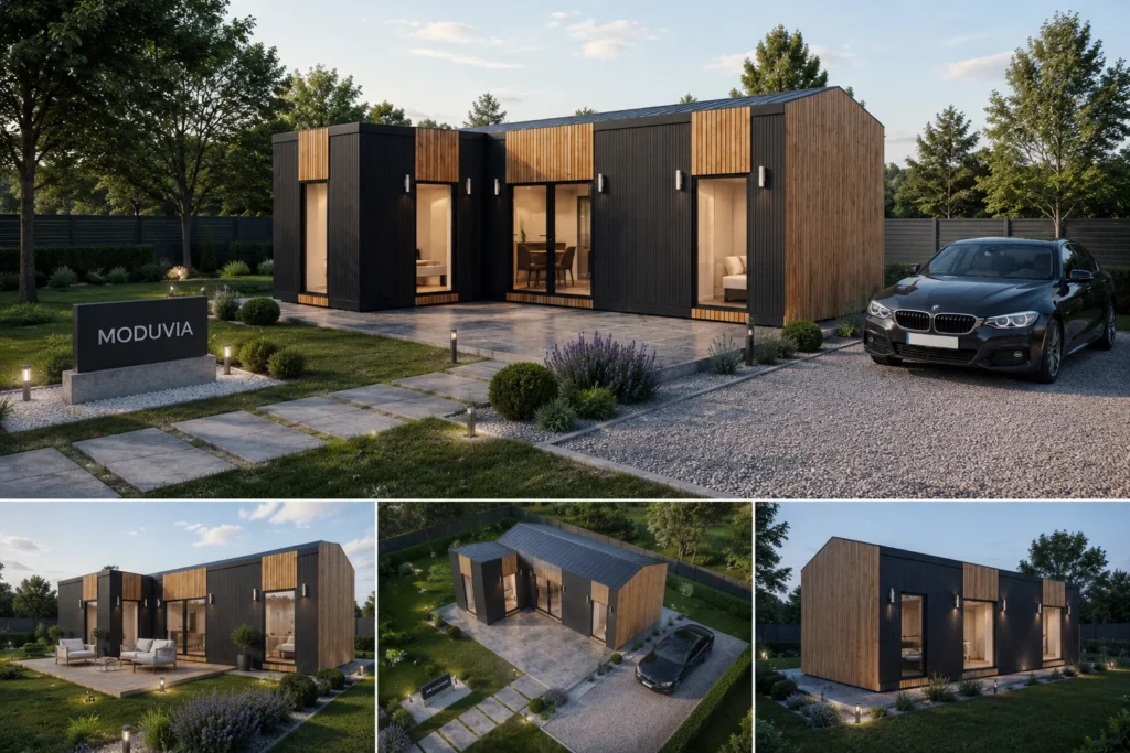 MODUVIA – kontener mieszkalny 36 m² w kształcie litery L, wizualizacja