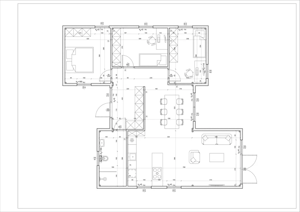 MODUVILLA 93 m² – rzut rezydencji modułowej: 3 sypialnie, salon z kuchnią i jadalnią